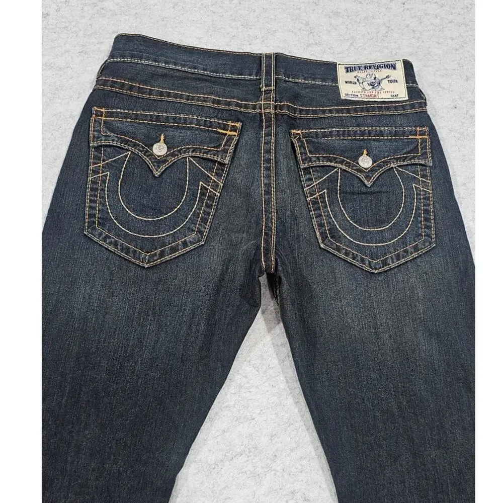 True Religion Men's Dark Wash Contrast Stitch Jeans Size 34 USA Made
